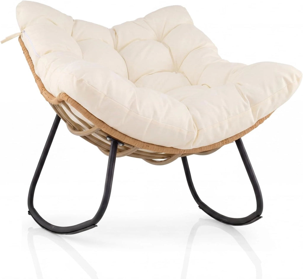 Sedia a Dondolo da Interno ed Esterno, Poltrona a Dondolo con Cuscino Rimovibile, Poltrona Relax in Rattan con Struttura in Metallo per Soggiorno, Cortile e Giardino, Portata 140 kg (Bianco)