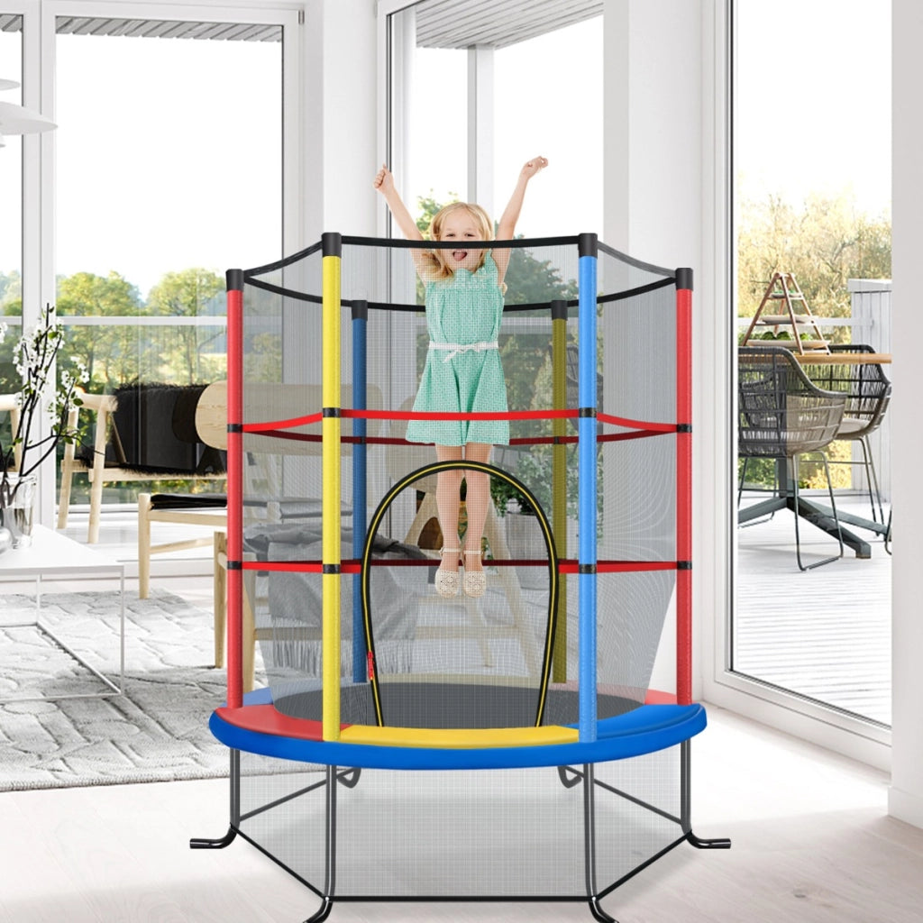 Tappeto elastico per bambini con rete di sicurezza, Tappeto elastico con struttura in acciaio resistente Colorato-Trampolini