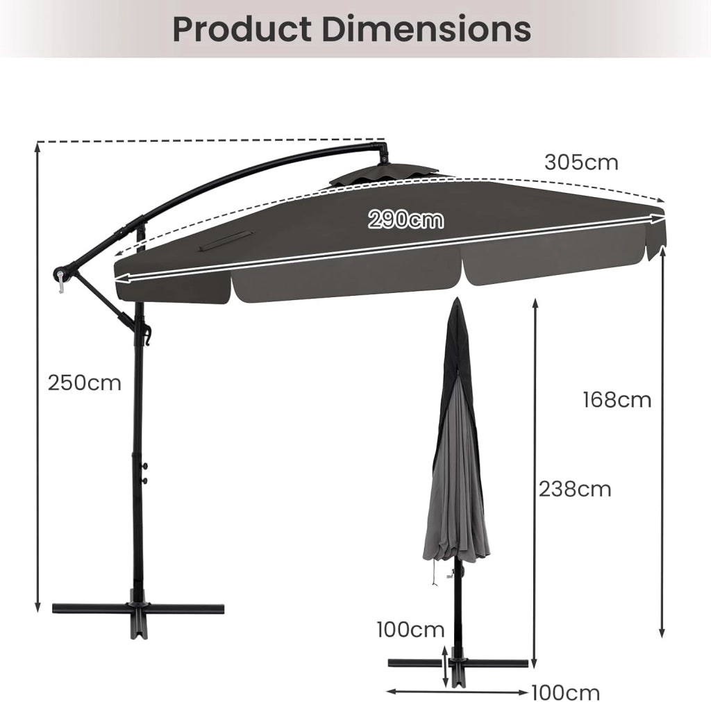 Ombrellone rotondo deportato, Φ 305 cm, Ombrellone da giardino pieghevole, angelo regolabile da 0 a 35°, base incrociata, ombrellone su piedistallo, φ290 cm, altezza 250 cm, per balcone