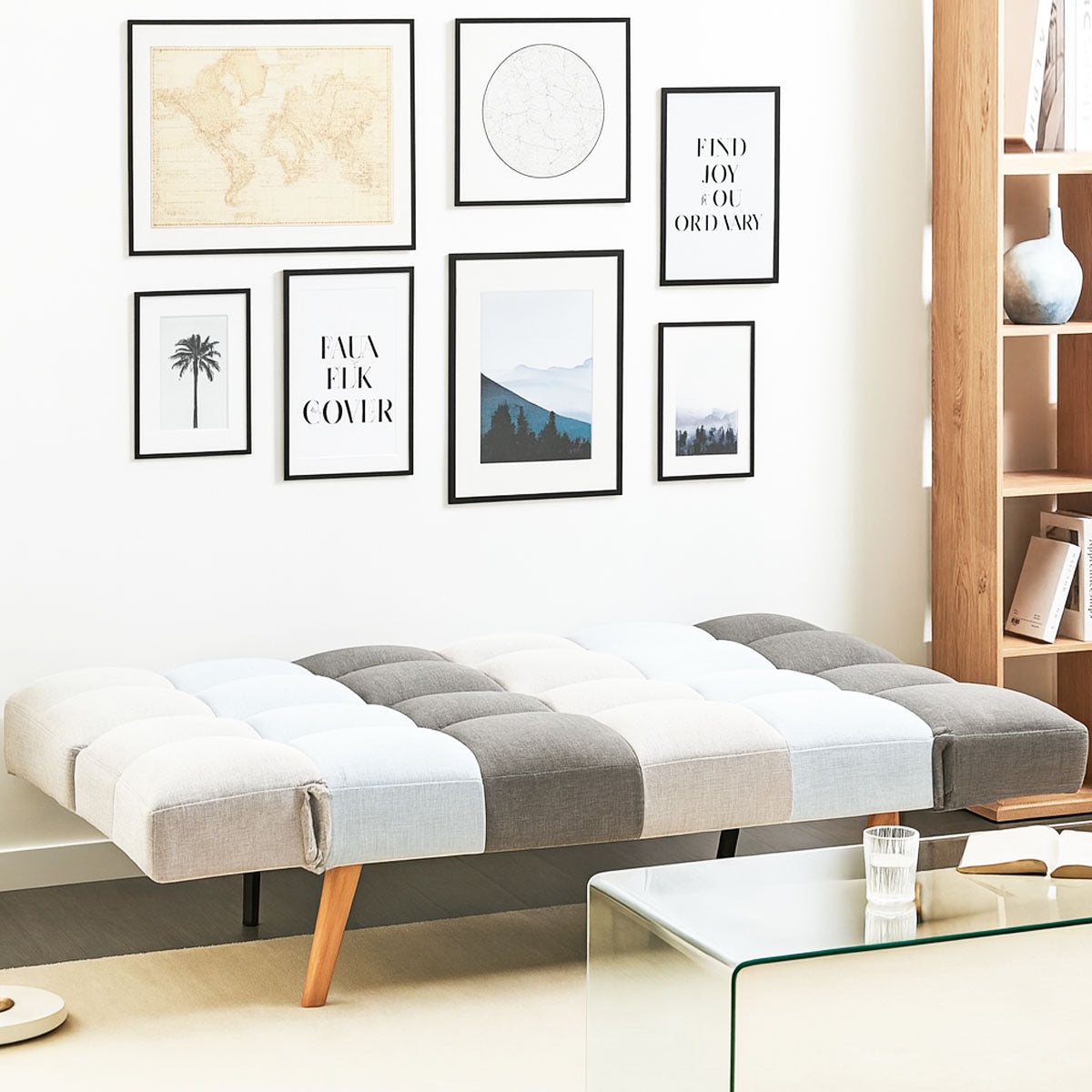 Divano Letto 2 Posti con Braccioli Apertura Clic Clac Imbottitura in Schiuma Patchwork Grigio