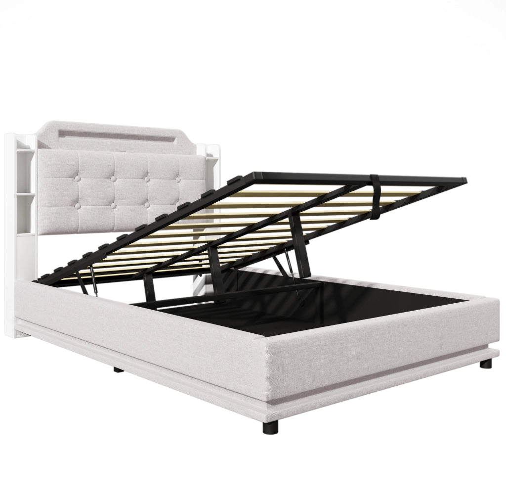 Letto imbottito 140x200 cm con LED; contenitore idraulico; USB Type-C; beige