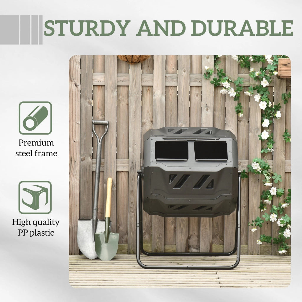 Compostiera da Giardino Girevole 71x65x96 cm a 2 Sezioni con 8 Prese d'Aria Acciaio e PP Nero