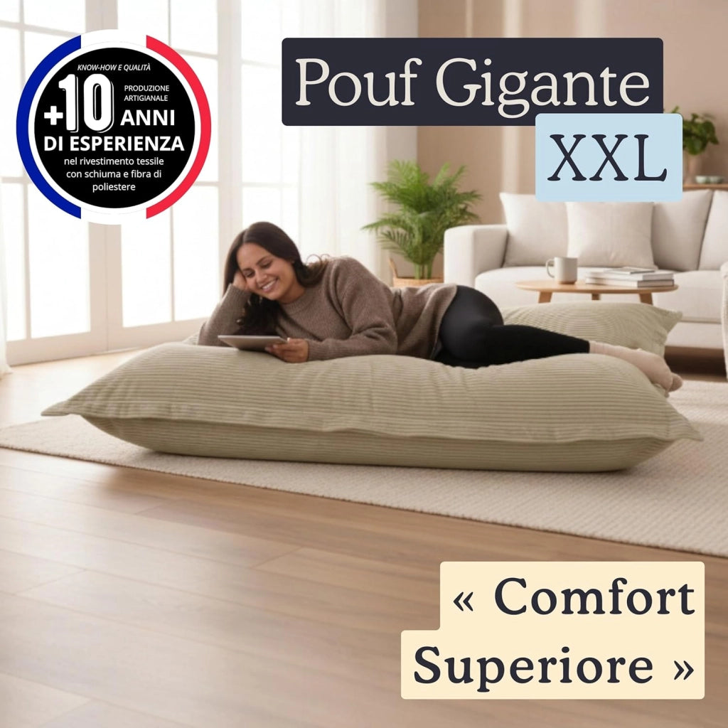 Pouf Poltrona a Sacco - Imbottitura in Schiuma, Molto Confortevole - Tessuto Morbido, Velluto a Coste - Fodera Lavabile - Pouf Divano Gigante (180 x 140 cm, Beige)