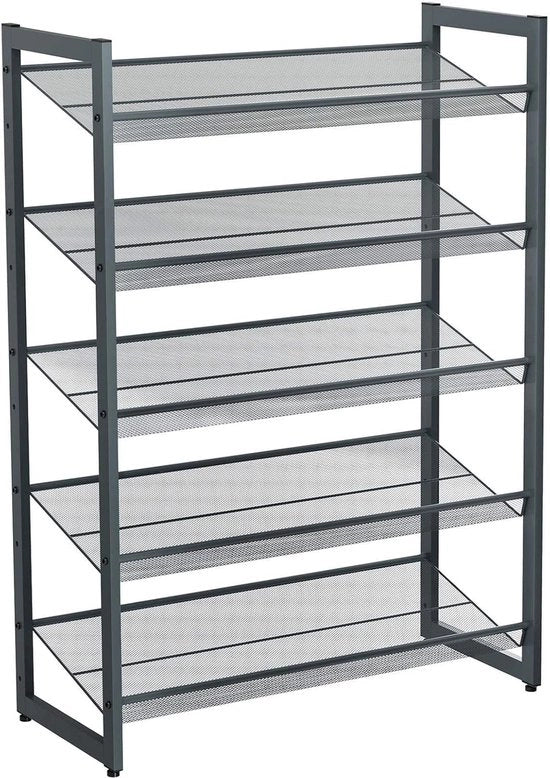 Scaffale per scarpe con 5 livelli, rastrello metallico espandibile, scaffale per scarpe regolabile, per 15-20 pair di scarpe, stivali, pumps, 74 x 104 x 30,7 cm, grigio scuro