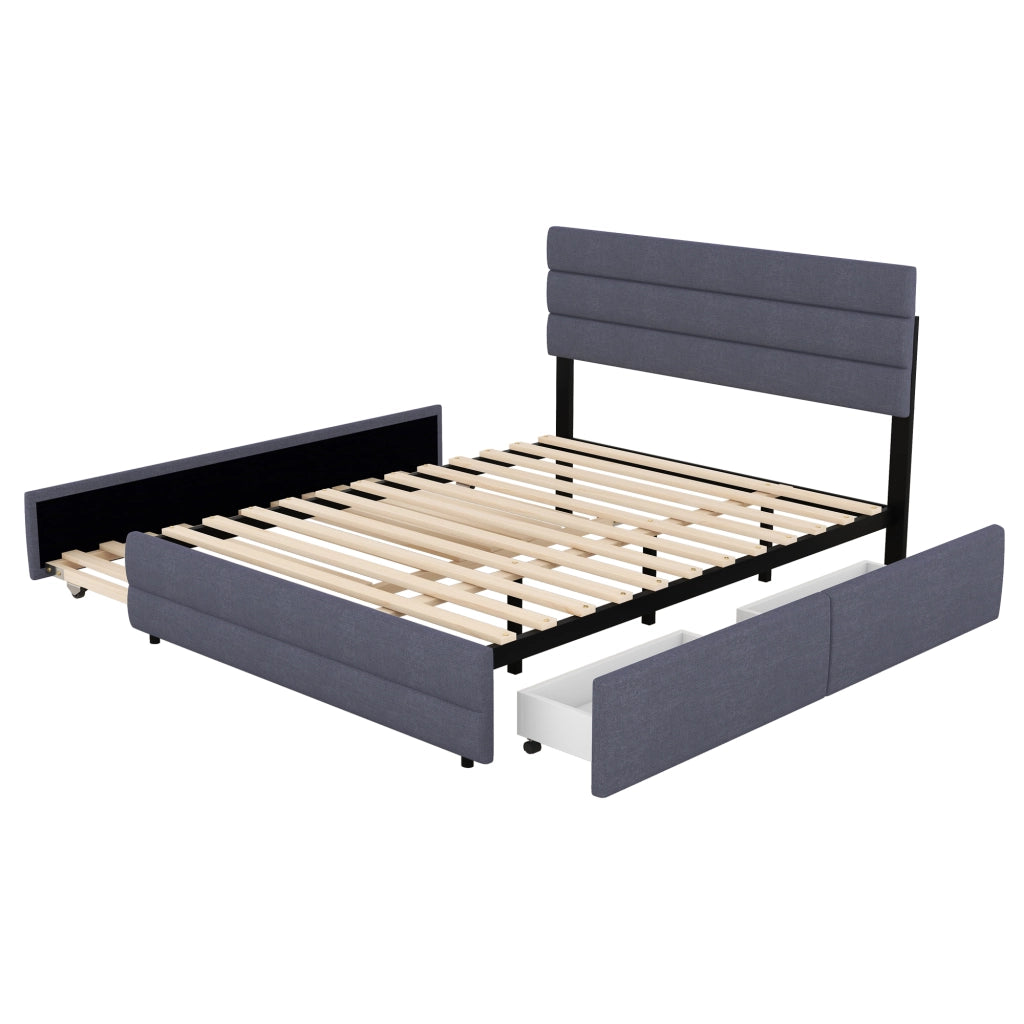 Letto piattaforma 140x200 in tessuto grigio con 2 cassetti e letto estraibile