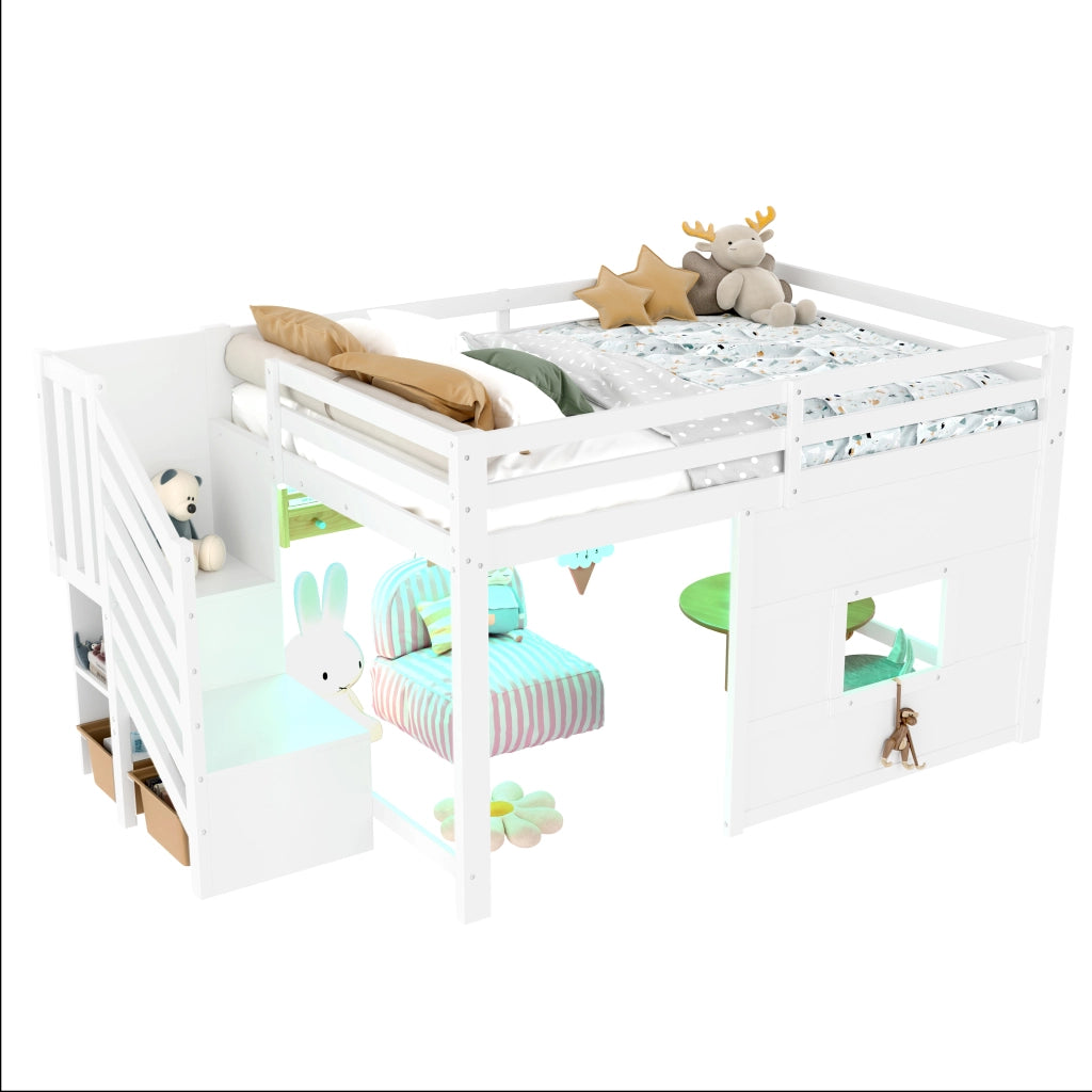 Letto a Soppalco 140x200 cm con Scala Contenitore; Finestra e LED - Bianco