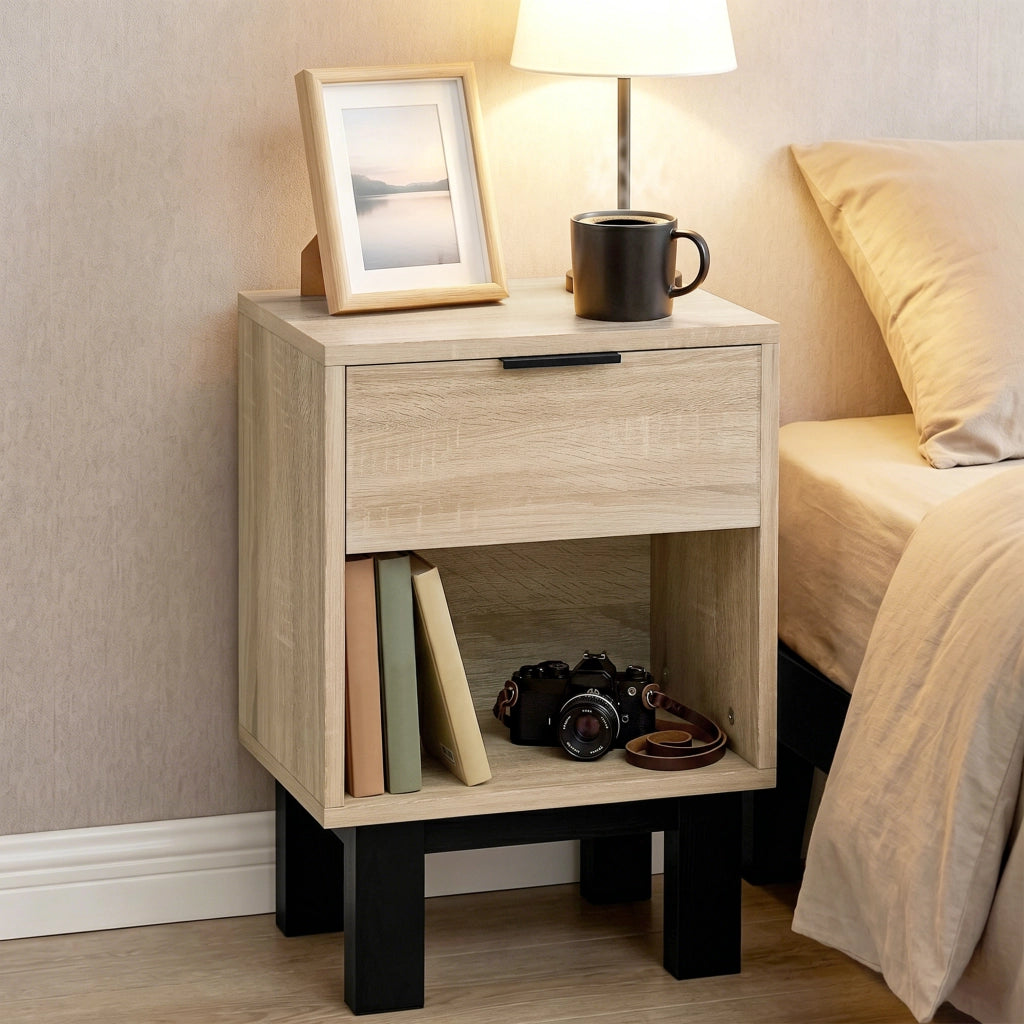Comodino con cassetto e ripiano aperto ¨C zephmum ¨C Eiche 35x26x50 cm