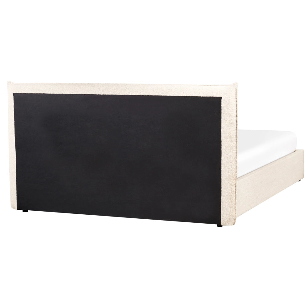 Letto matrimoniale in tessuto bouclé beige testata classica contenitore 160 x 200 cm Doghe in legno