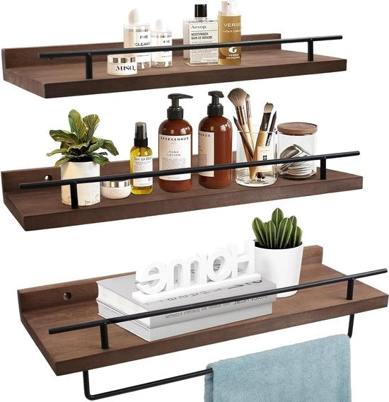 Plank per parete in legno resistenza 20 kg marrone - 3 sezioni con appendi-asciugamano - 5 ganci - ripiano sovrapposto 40 cm - per bagno cucina camera