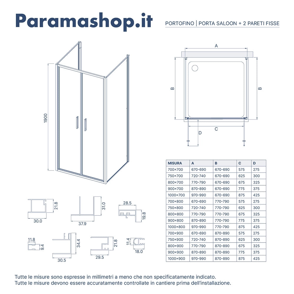 Box doccia tre lati 80x100x80cm con porta saloon profili nero opaco e vetro 6mm trasparente h190 | Portofino
