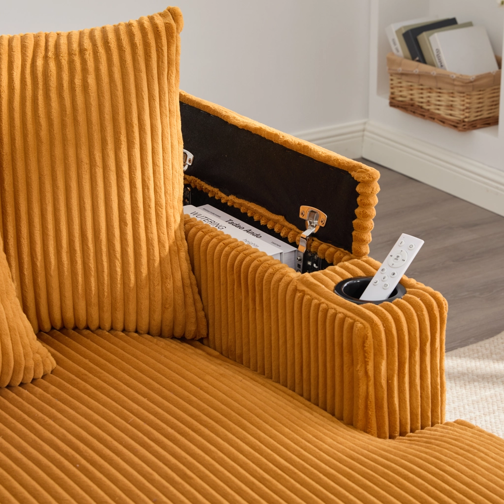Chaiselongue in velluto a coste con portabicchieri, luce LED, vano portaoggetti e porta USB, giallo senape