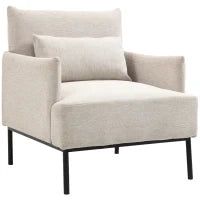 Poltrona Moderna d'Arredo con Cuscino Extra, in Tessuto Effetto Lino e Acciaio, 73x81x82 cm, Bianco Crema