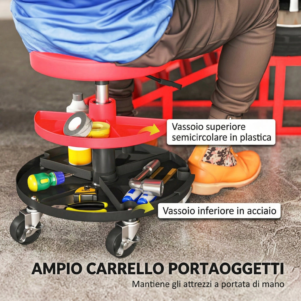 Sgabello da Officina Altezza 40-51 cm con Ruote Capacità fino a 135 kg con Vassoi Porta Utensili in Acciaio e Pelle