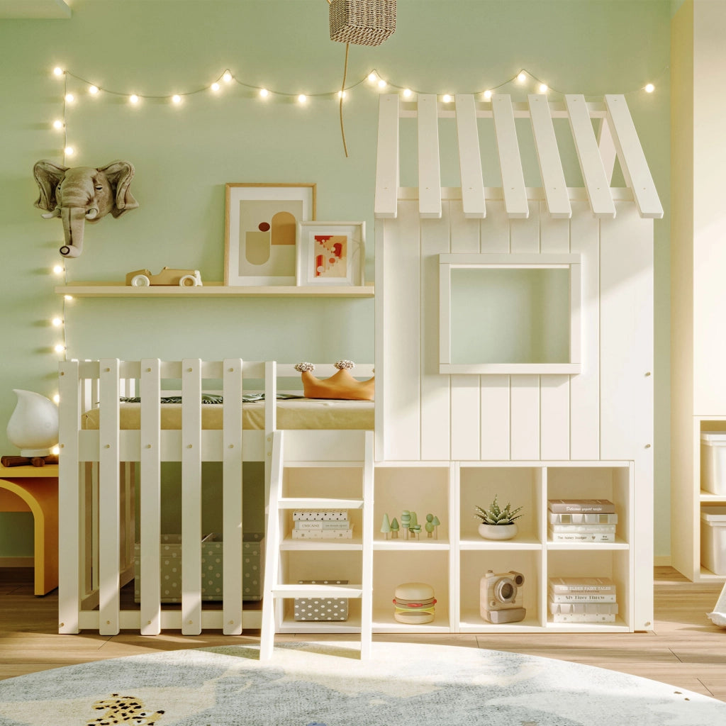 LETTO A SOPPALCO 90x200 cm in legno massello bianco con contenitore