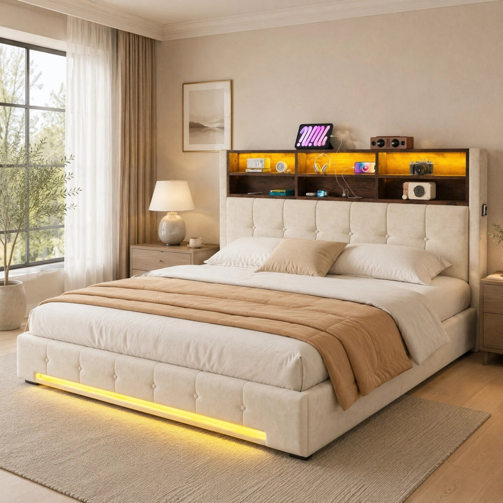 LETTO Contenitore 180x200 cm Velluto Beige con testiera multifunzione