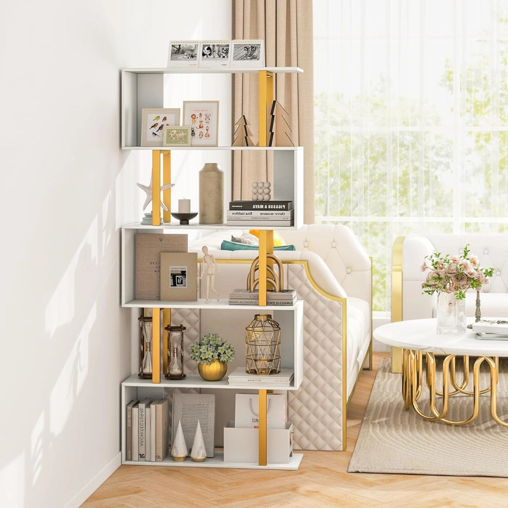 Libreria a 5 Livelli in Legno, Scaffale con Struttura in Metallo, Forma di S, Librerie Salvaspazio Divisorio per Soggiorno Ufficio e Studio, Carico 120kg (70 x 24 x 157 cm)