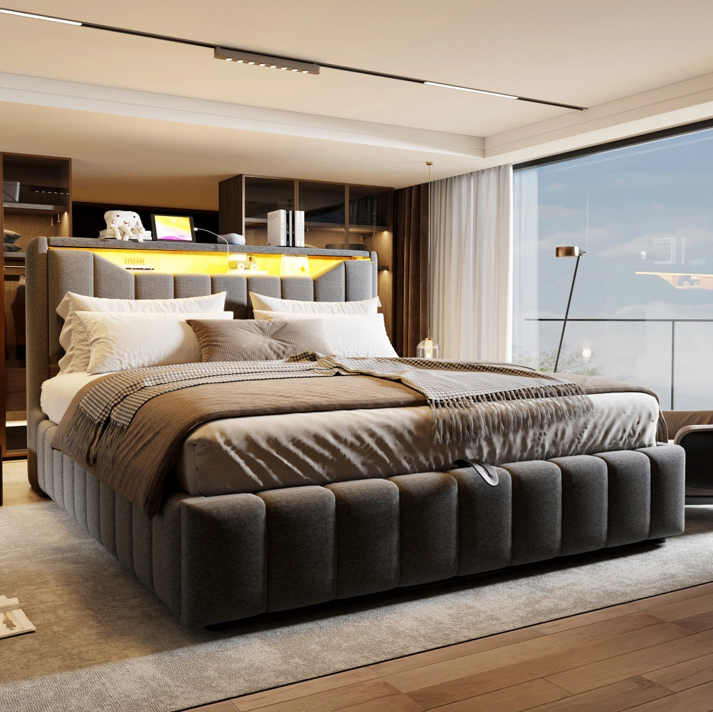 Letto matrimoniale imbottito 180x200 cm con contenitore, LED e USB