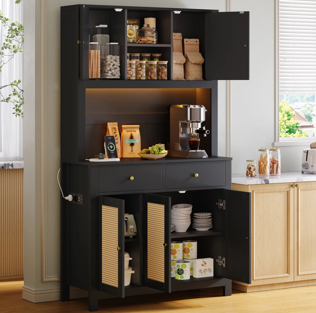 Credenza cucina alta 100x40x180 cm in MDF nero con ante in rattan; LED RGB e prese integrate