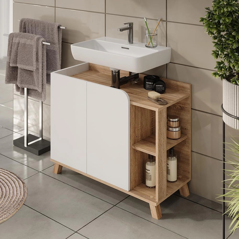 Mobiletto per lavabo Karen, Sonoma/Bianco, 80 x 65 cm con 2 porte, per una conservazione salvaspazio sotto il lavandino