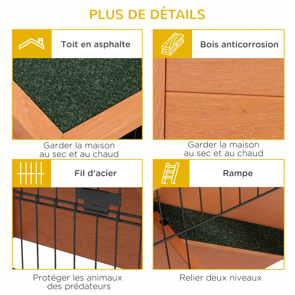 Coniglio Gabbia 2 Piani Legno 3 Porte Scivolo Rampa Tetto Bitumato ¨C zephmum ¨C 120x50x92 cm Arancione