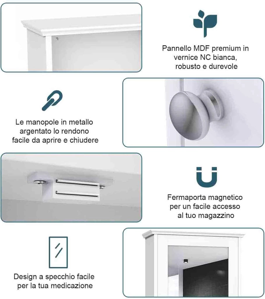 Armadio a Specchio da Bagno a 2 Ripiani, Armadietto Mobiletto per Bagno da Muro, Mensola Regolabile, 34 x 15 x 51cm (Bianco)