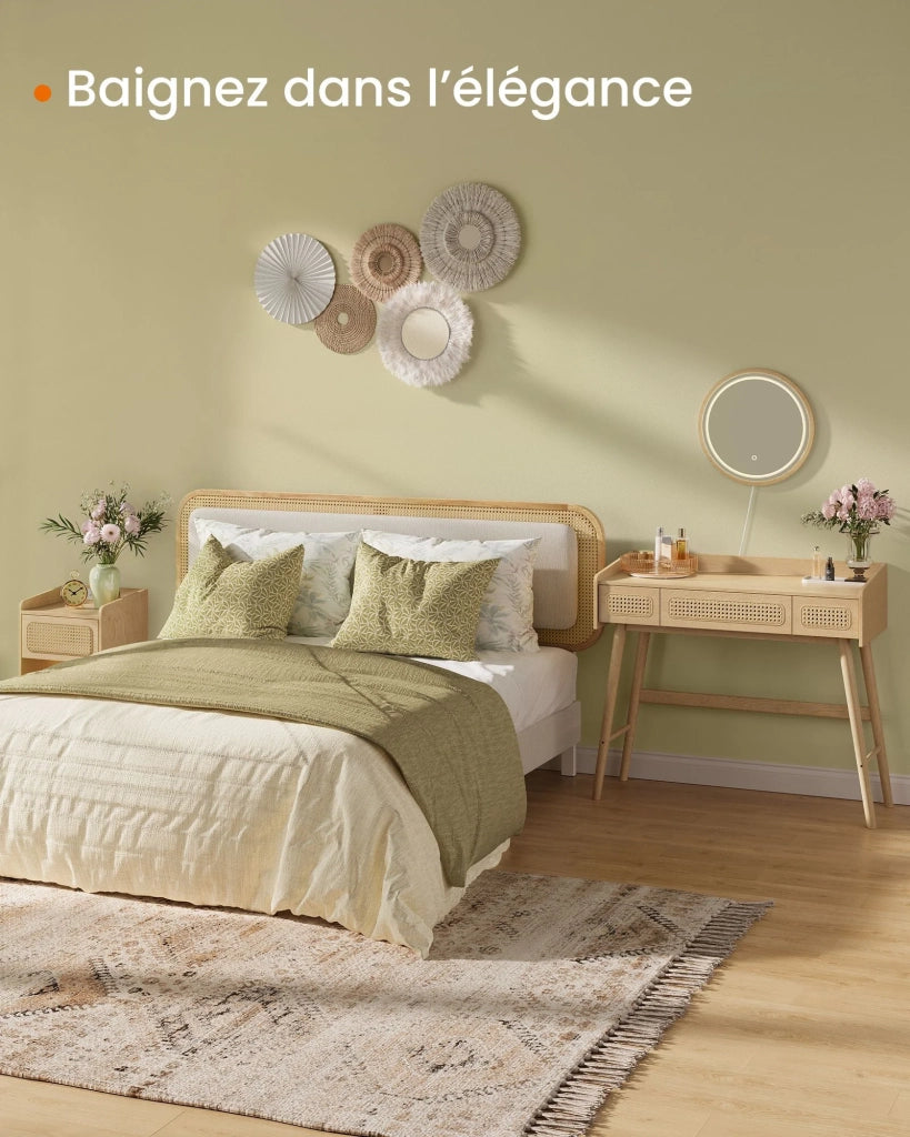 Toeletta con specchio e luce tavolo da trucco con 3 cassetti finto rattan luce regolabile con 3 tonalità di colore stile bohémien camera da letto beige 12_0006048