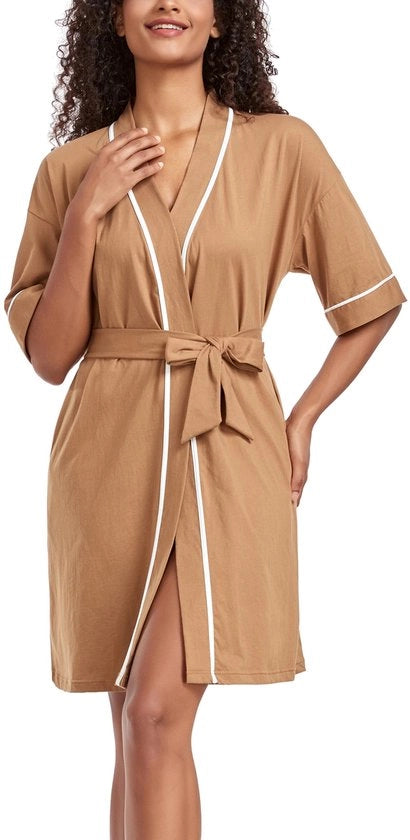 Kimono da bagno donna leggero 100% cotone breve estate abbigliamento da camera sauna 3/4 maniche con 2 tasche (marrone, S)