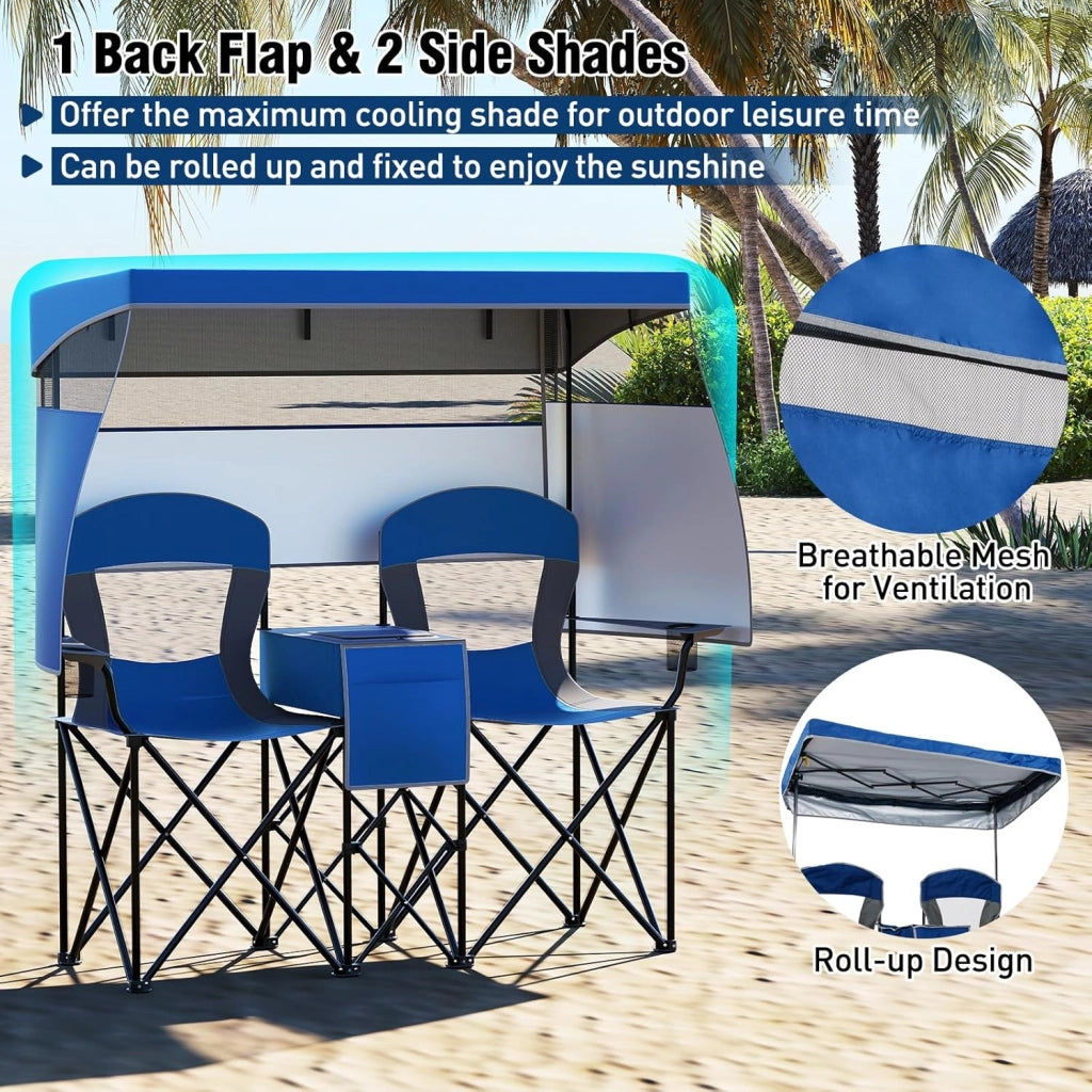 Set di 2 sedie da campeggio pieghevoli con tettuccio parasole, mini tavolo, borsa termica e porta bevande, sedia pieghevole per 2 persone, modello 2 blu scuro