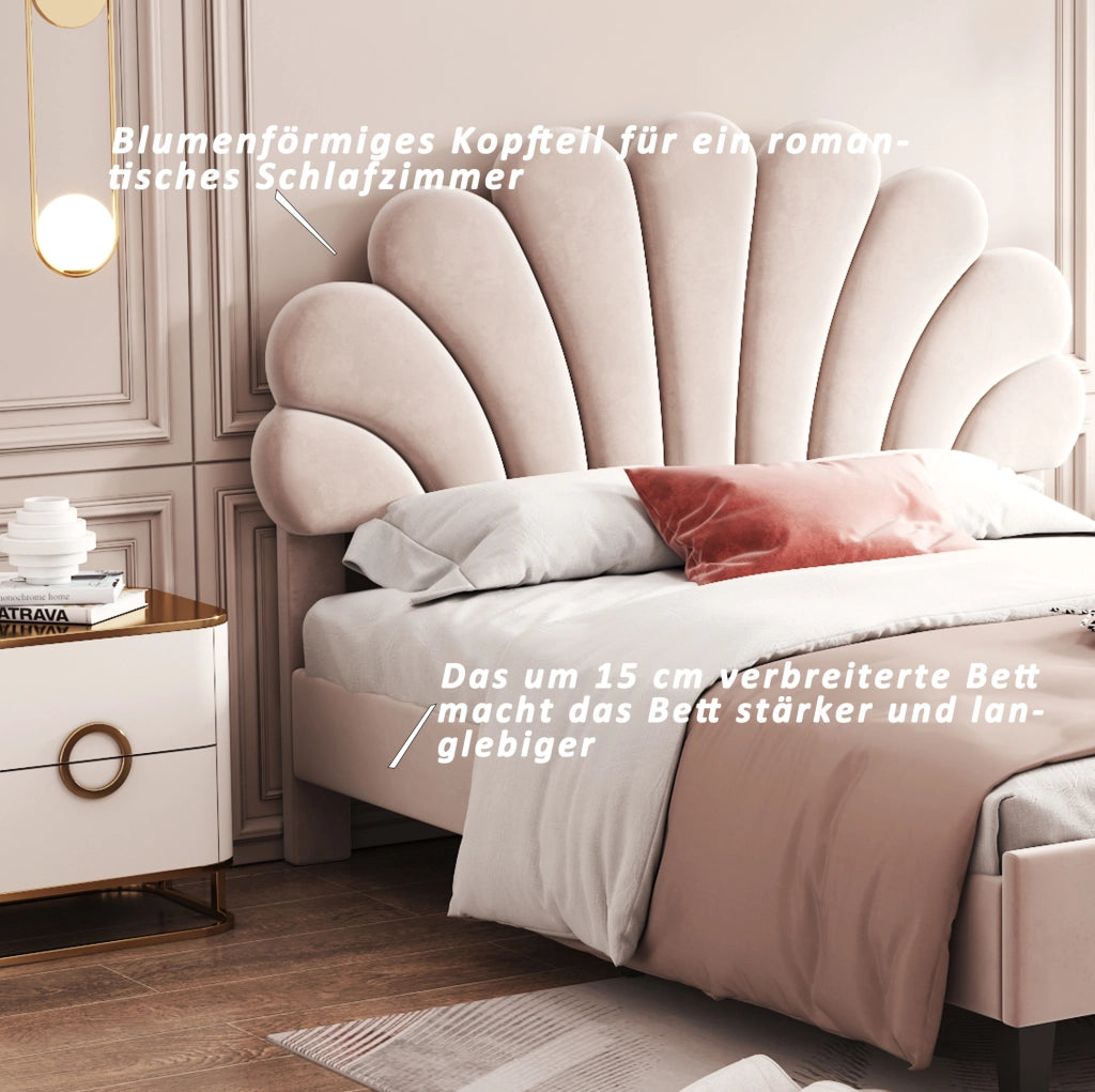 Letto matrimoniale 140x200 cm imbottito in velluto beige con testiera floreale e doghe