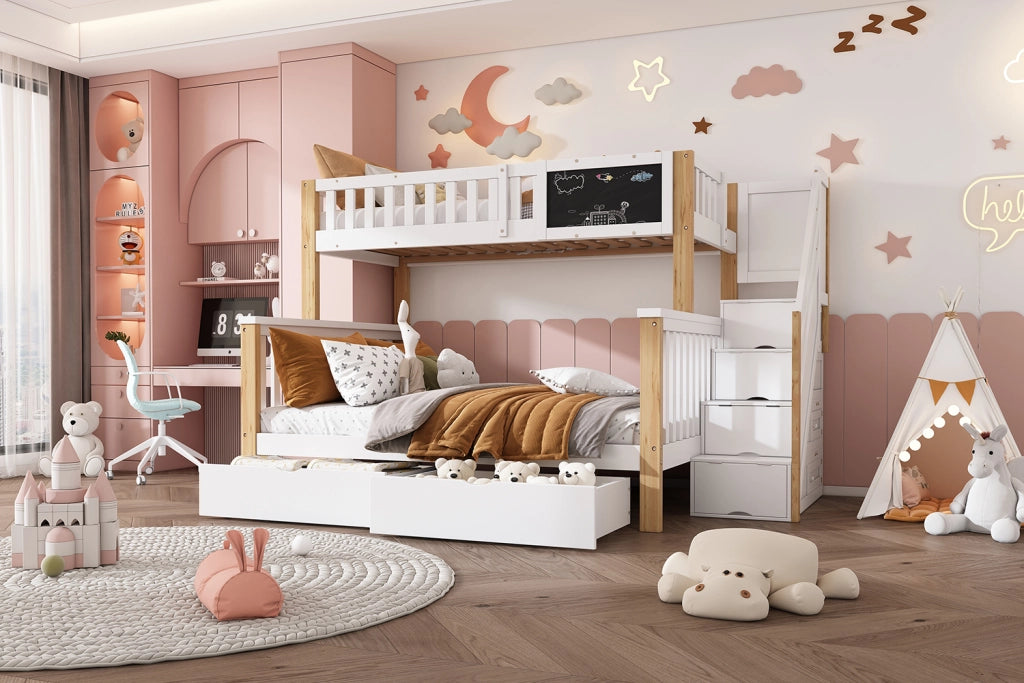 DESMIU Letto a Castello 2 Posti con Lavagna, 2 Cassetti, 90 × 200 cm e 140 × 200 cm senza Materasso