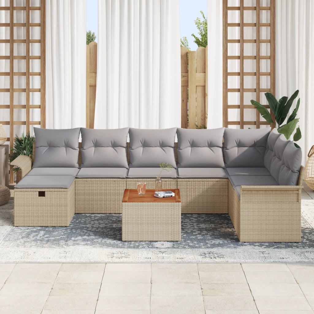 Set di Divani da Giardino 9 Pezzi con Cuscini Beige in Polyrattan