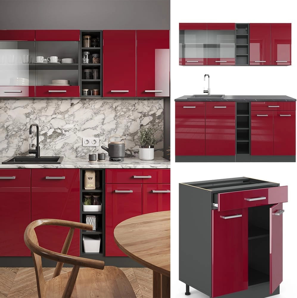 Cucina completa R-Line, Rosso lucido/antracite, 160 cm, PL Antracite, adatto per l'espansione individuale con moduli aggiuntivi