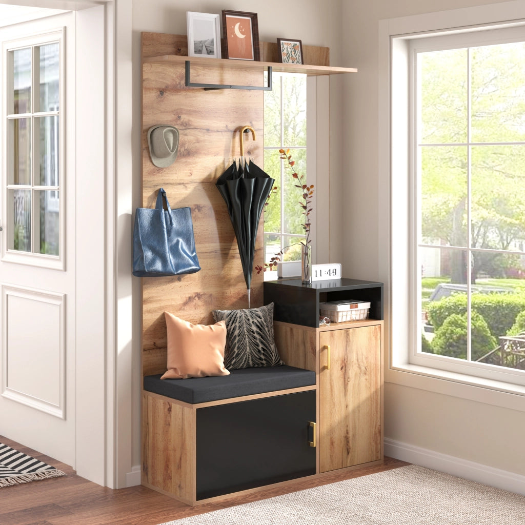 Set da ingresso con specchio; 4 ganci; asta; scarpiera per 9-12 paia e panca; MDF e truciolato; nero e legno; 191;5x105x40 cm