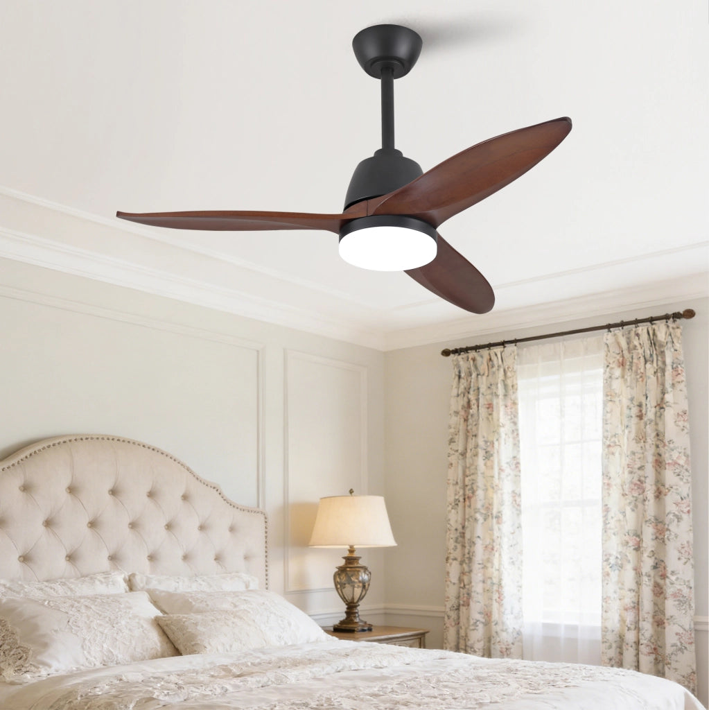 Ventilatore da soffitto moderno 42 pollici con LED; 3 pale in legno massello; nero e noce scuro