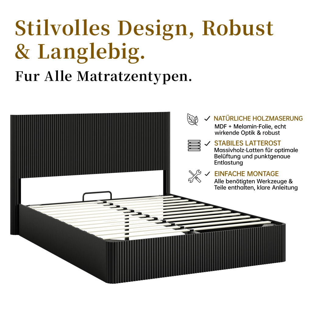 Letto contenitore 160 × 200 cm con sollevamento idraulico, grande vano, testiera a rilievo, senza materasso, nero