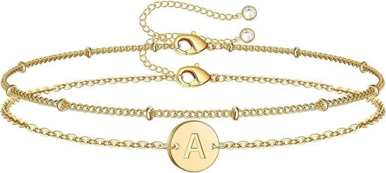 Bracciale a doppia catena in oro 18K con lettere personalizzate - Bracciale religioso per donna in oro - Idea regalo lussuosa