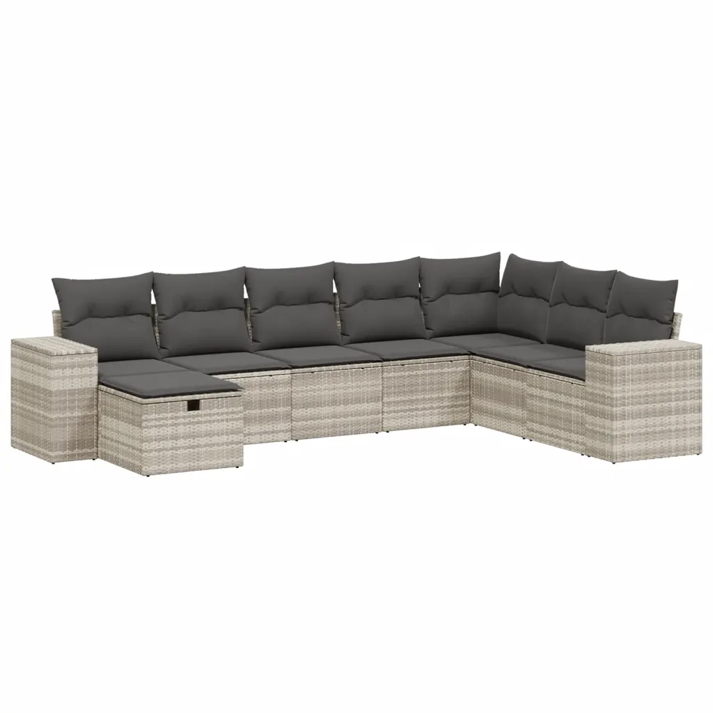 Set Divano da Giardino 8pz con Cuscini Grigio Chiaro Polyrattan