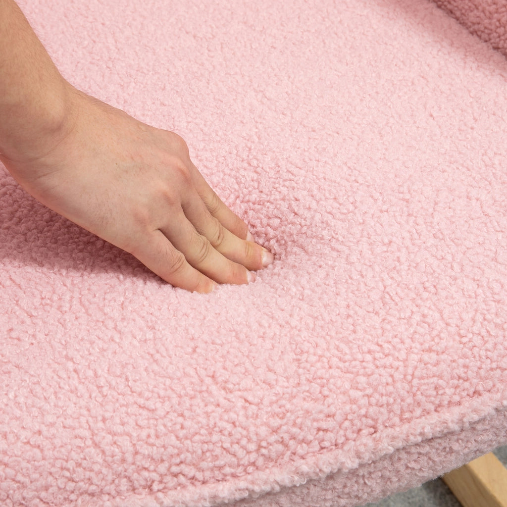 Sedia a dondolo imbottita rosa con struttura in acciaio e base in legno, portata 120 kg