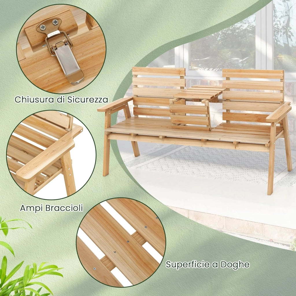 Panchina da Giardino in Legno, Panca Abete 2 o 3 Posti, 160 x 64 x 86 cm, Tavolino Convertibile in Seduta, Panca per Veranda, con Schienale, Braccioli, Portata 300 kg (Naturale)