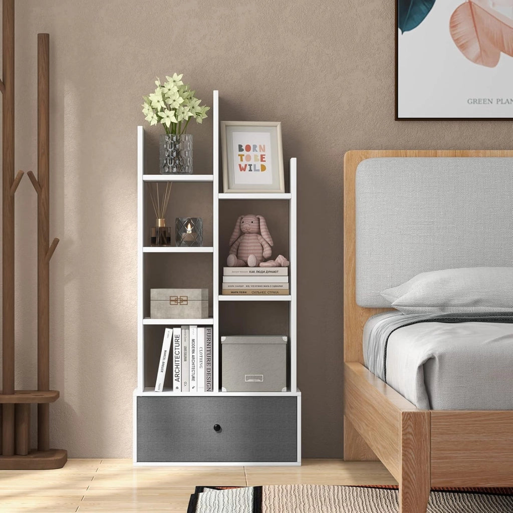 Libreria in Legno a 7 Piani, Scaffale Multifunzionale con 1 Cassetto e 7 Scomparti, Scaffale Espositivo per Soggiorno Studio Ufficio, 53x24x118 cm (Bianco, 1 cassetto)