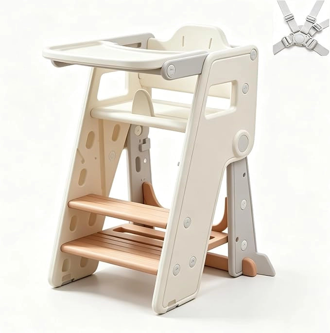 Torre apprendimento pieghevole 1-5 anni; sgabello cucina regol. 3 in 1 vassoio/seduta; antiscivolo/antiribalt.; portata max 50 kg–Bianco/Grigio