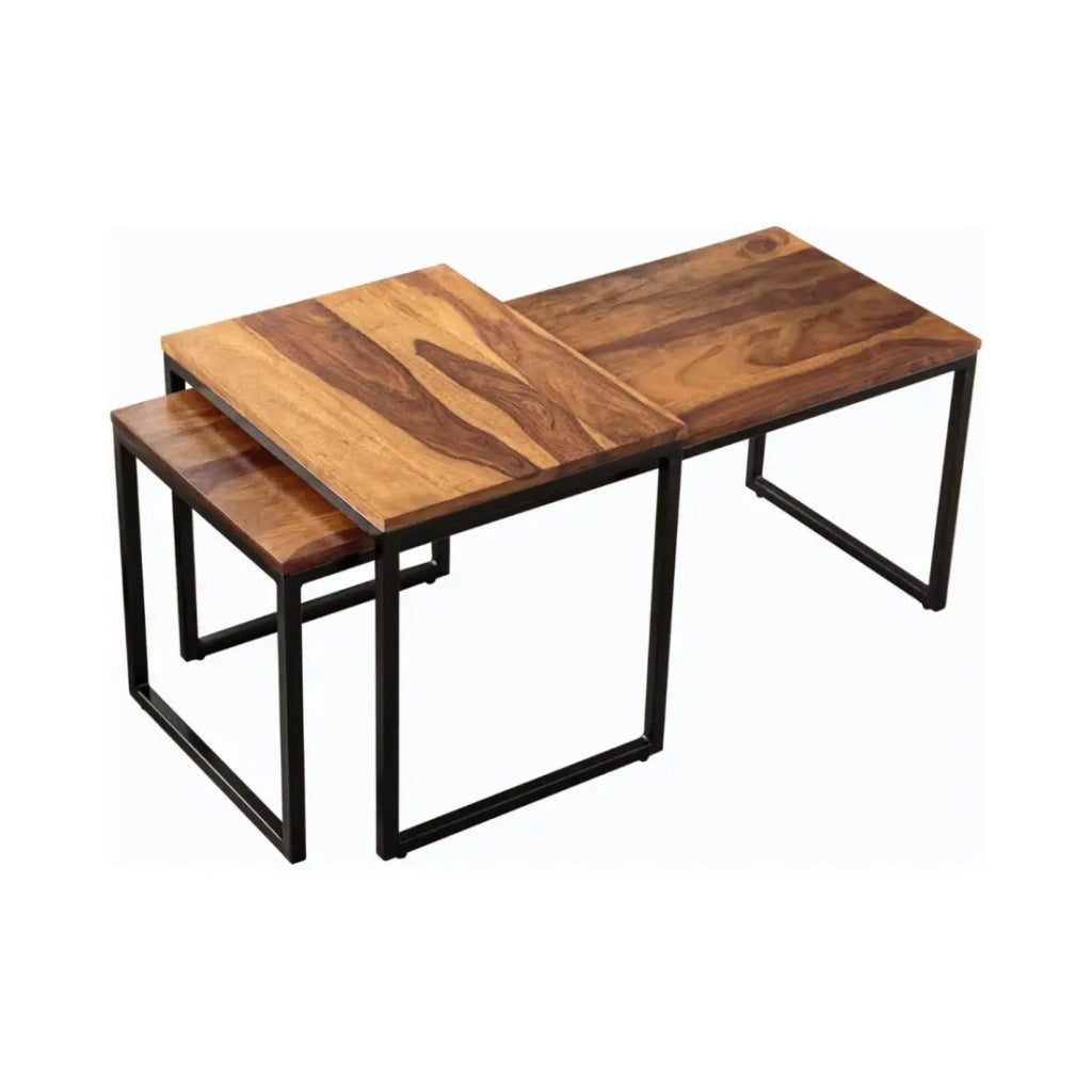 Tavolini impilabili VORTEX in legno massiccio Sheesham e metallo nero – set di 2 tavolini design industriale