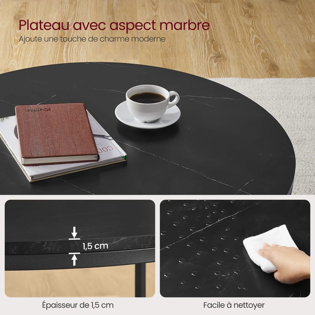 Tavolino da caffè tavolo da soggiorno 80 x 46 cm tavolino da divano tavolo da aperitivo effetto marmo piano in vetro temperato facile da montare per soggiorno stile moderno nero 12_0007497