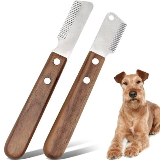 Set di raccogliere pelo per animali domestici 2 in 1 - Coltelli in acciaio inox con manici in legno - Per pelo sottile e pelo arruffato