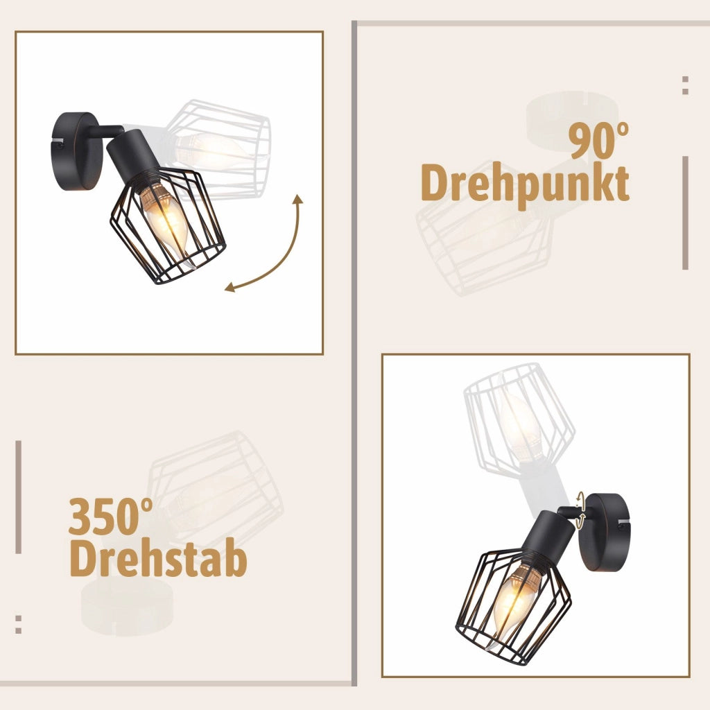 ZMH Lampada da soffitto E14 metallo nero orientabile 350° stile industriale per corridoio soggiorno anche parete