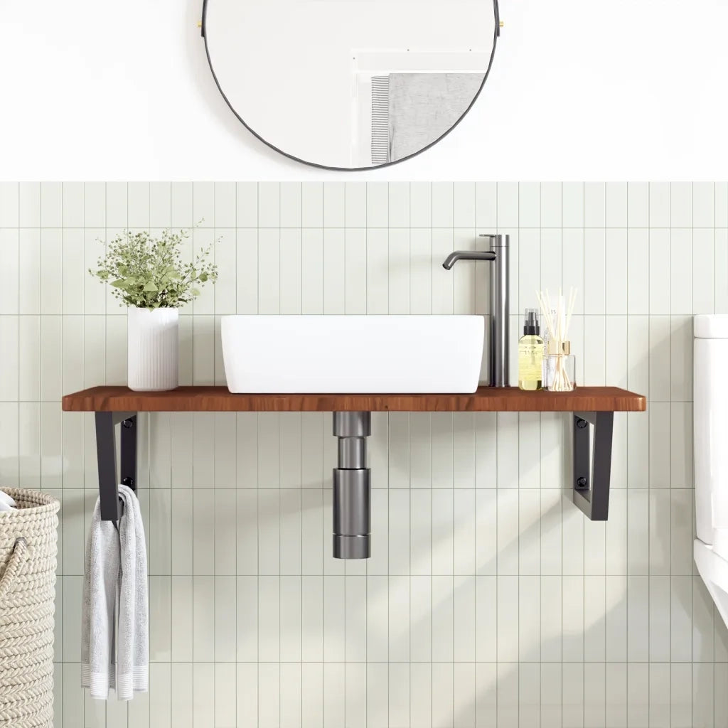 Ripiano a Parete per Lavabo-Mensole a Muro in Acciaio e Massello di Rovere 606435