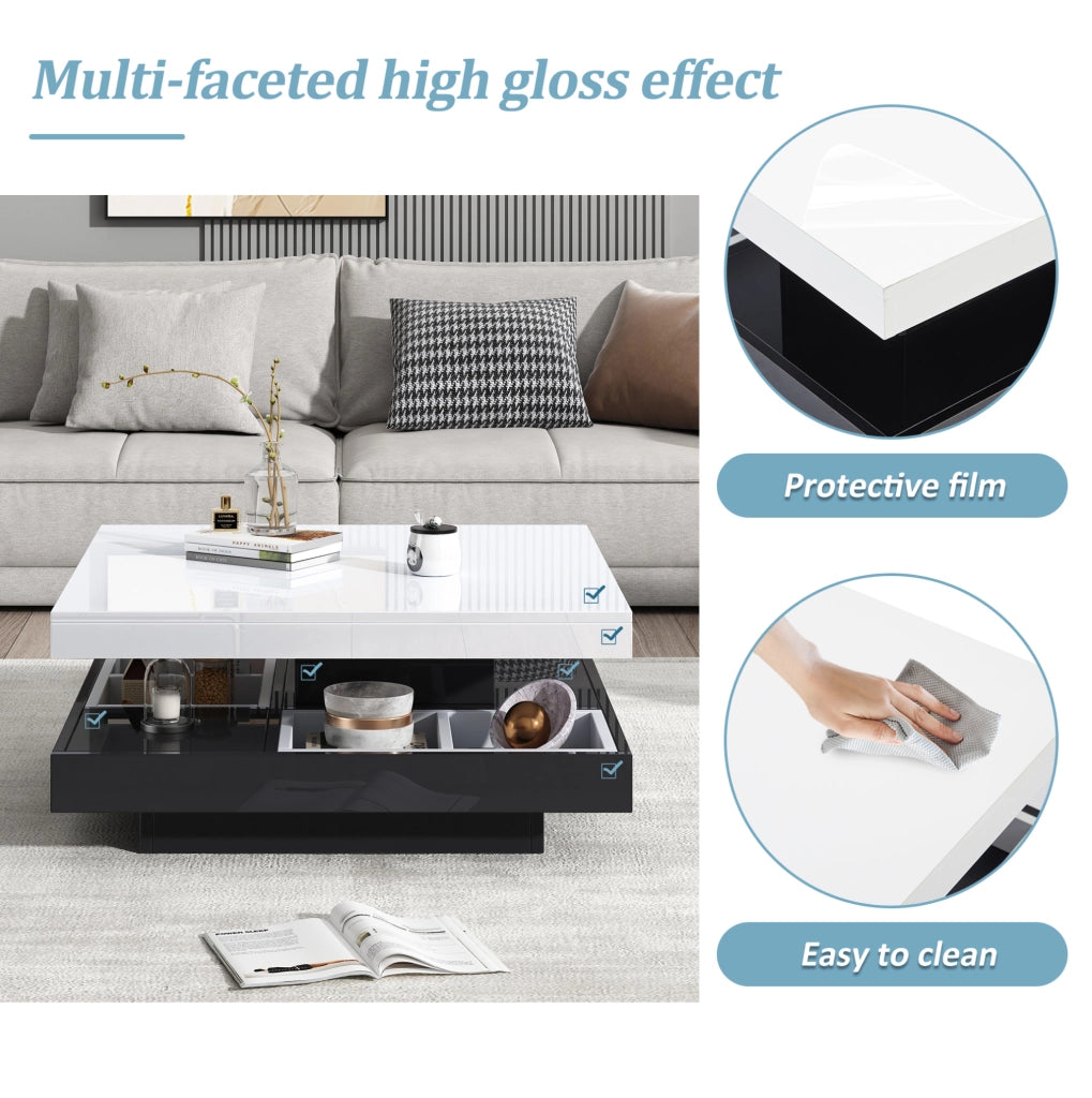 Tavolino da salotto girevole 360° 70x70x36 cm in truciolare bianco e nero; con vano portaoggetti