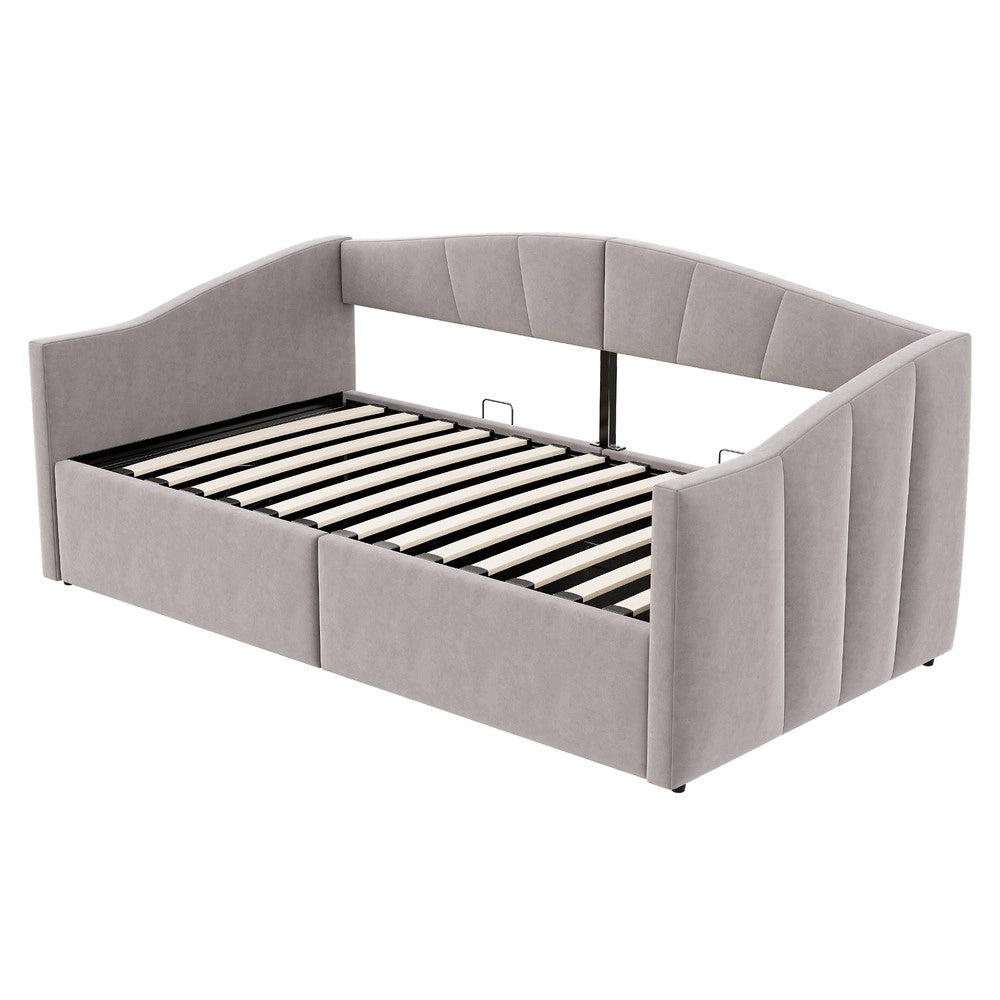 Letto Imbottito Singolo con Contenitore ¨C Xylo ¨C Velluto Grigio Chiaro, 90x200, Rete a Doghe