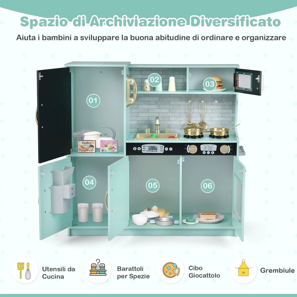 Set da Cucina per Bambini con Lavagna, Telefono, Microonde, Fabbricatore di Ghiaccio, Giocattolo da Cucina in Legno con Accessori e Suoni Simulati per Ragazzi di 3-6 Anni (Verde Menta)