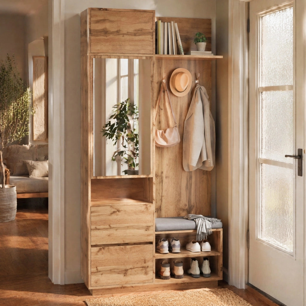 Mobile ingresso multifunzione con specchio; panca e scarpiera 90 x 34;5 x 190 cm; naturale